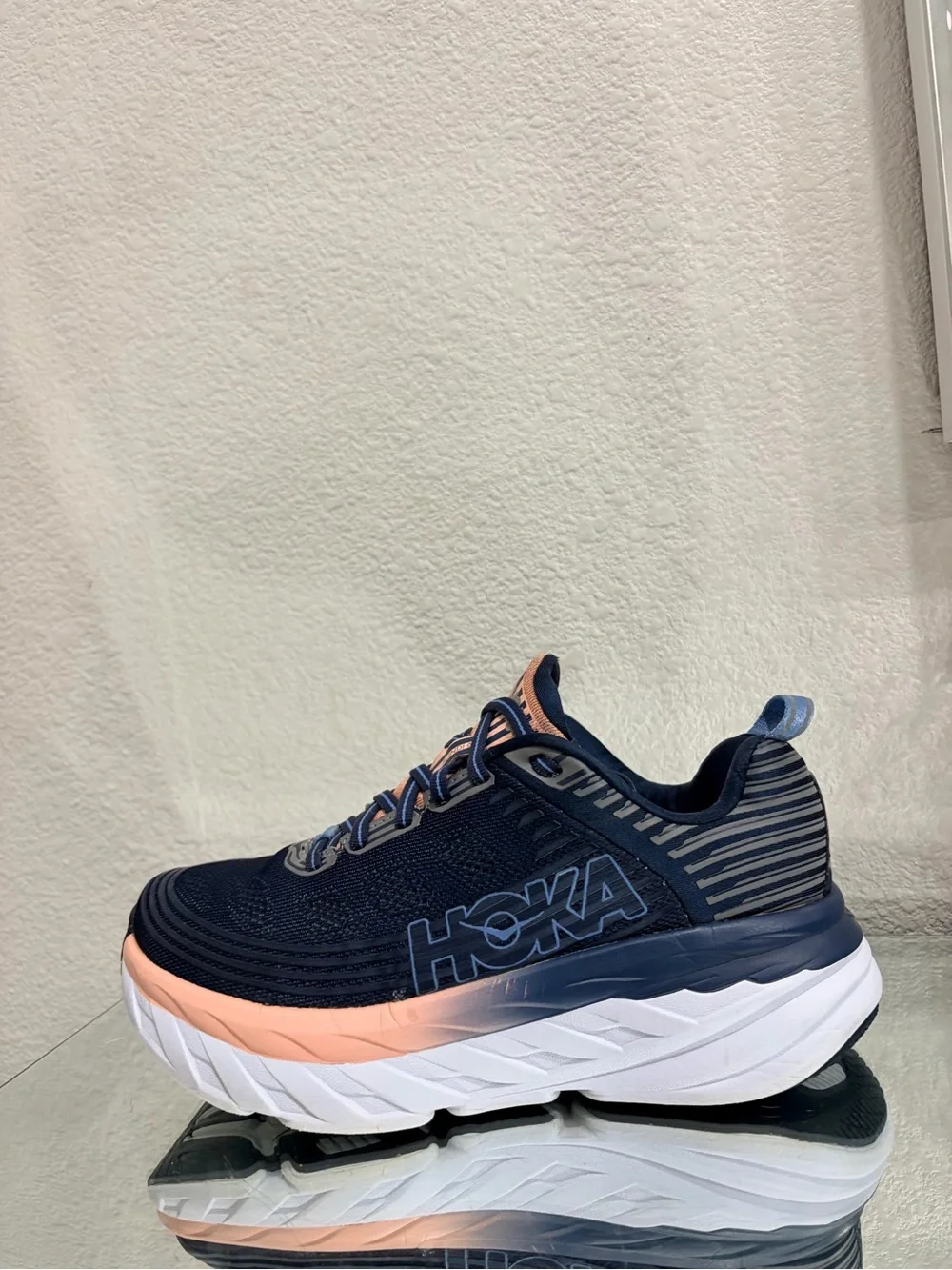 Hoka Bondi 6 Navy and Peach Women's Athletic Running Shoes